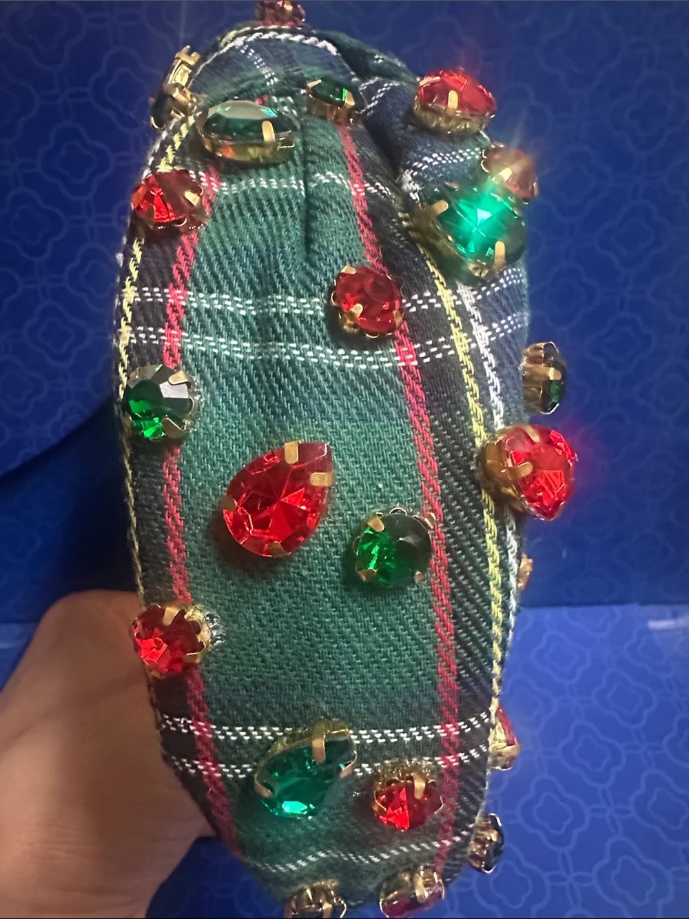 Tartan Jewel Embellished Headband - Green Plaid